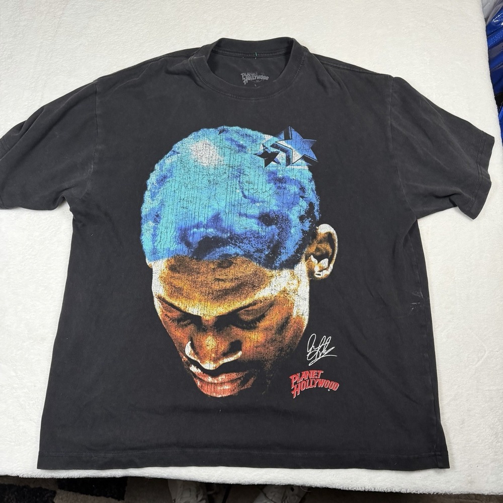 Rodman Brand Planet Hollywood Graphic T Shirt Mens L Black Blue Hair Signature